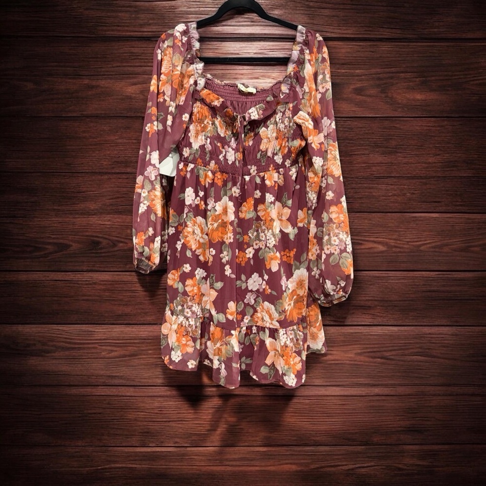 Smocked Plum Floral Midi Dress with Orange Print